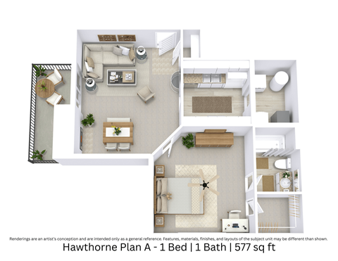 Floor plan for 1 bed, 1 bath, 577 sqft